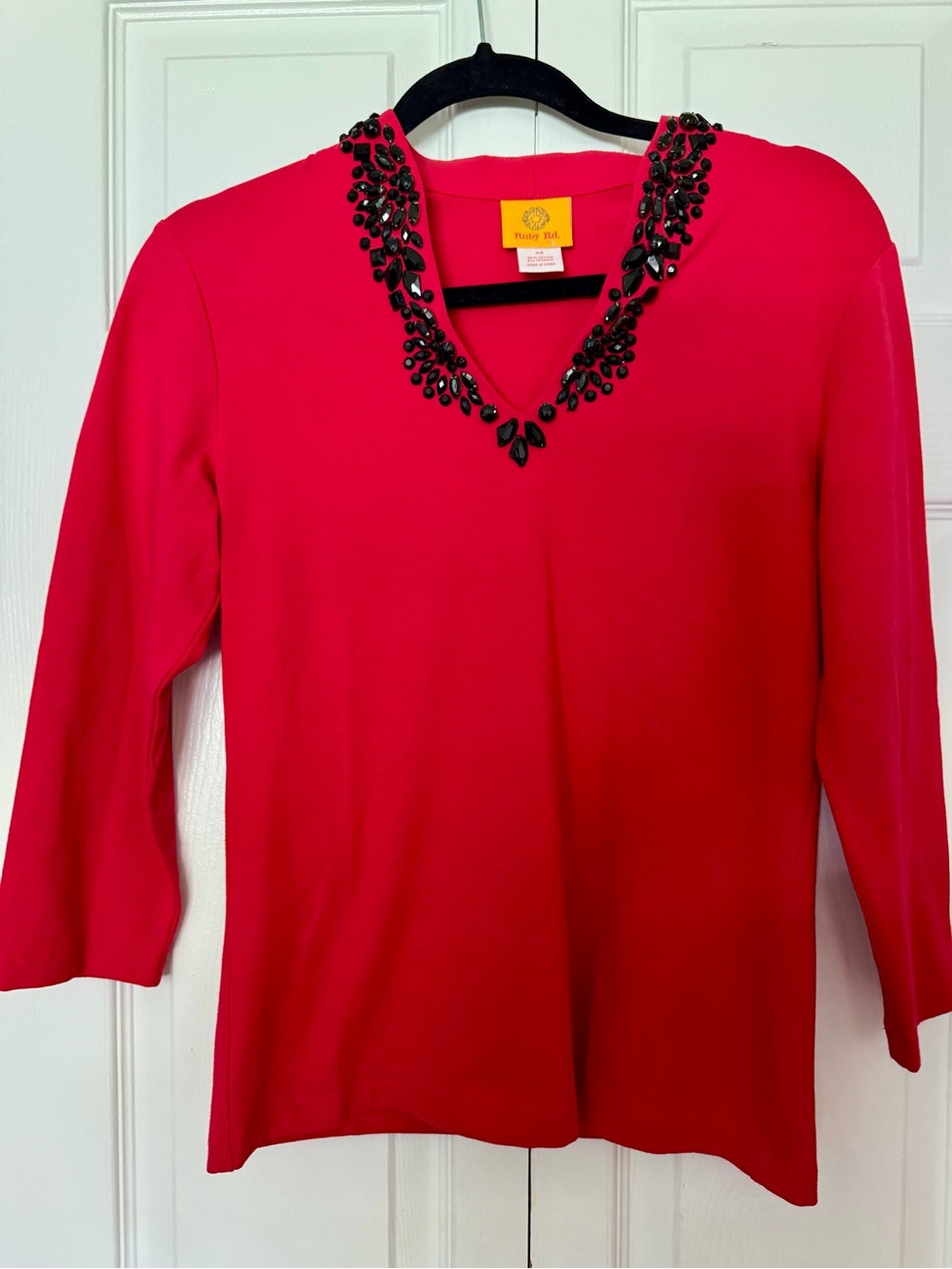 Ruby Rd. Red Long Sleeve V-Neck Top with Black Bead Embellishment